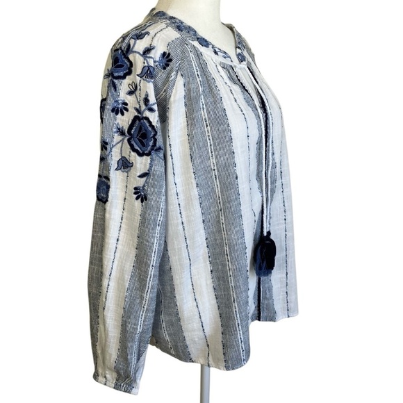 New Directions Embroidered Boho Split Neck Peasant Blouse Blue White Tassels XL - Picture 5 of 16
